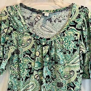 Ann Taylor Loft Blouse Woman Med Green Floral Short Sleeve Pleated Front Flowing